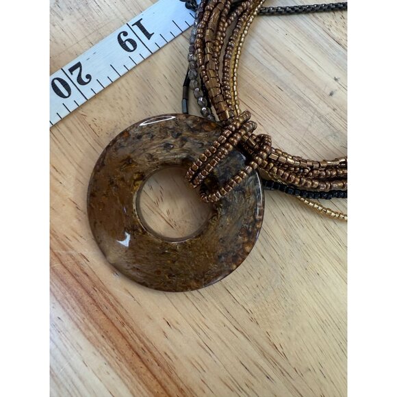 Cookie Lee Multi-Strand Brown Glass Bead Necklace W/ Acrylic Circle Pendant Boho - Picture 7 of 11